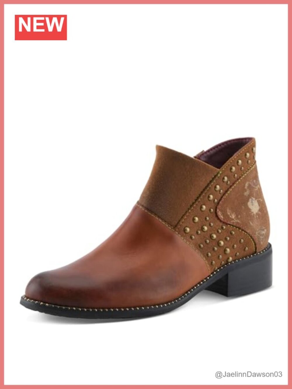 Women's Ankle Bootie with Smooth Leather & Soft Suede, Low Block Heel, Side